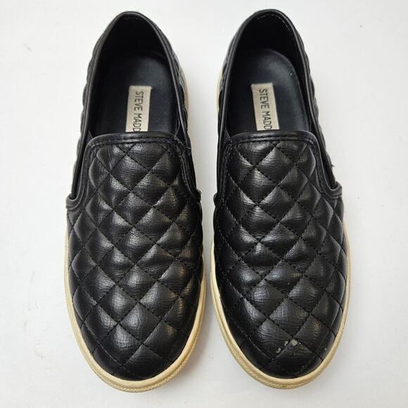 Steve Madden Ecentrco Womens 6 M Black Quilted Leather Loafers Slip On Caslua - Picture 3 of 9